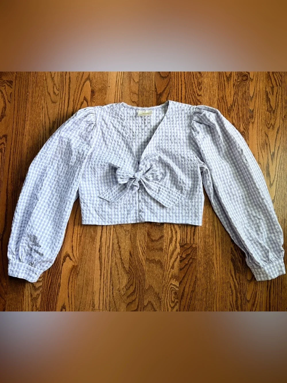 Maeve Anthropologie Cropped Gingham Bow Blouse Lavender Sz 14 Cottage Coastal